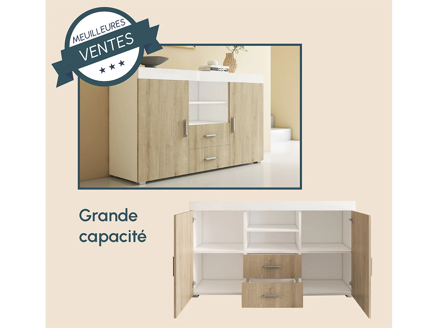 Aparador para Salón comedor en Blanco y Sonoma 140x40x80cm Roque