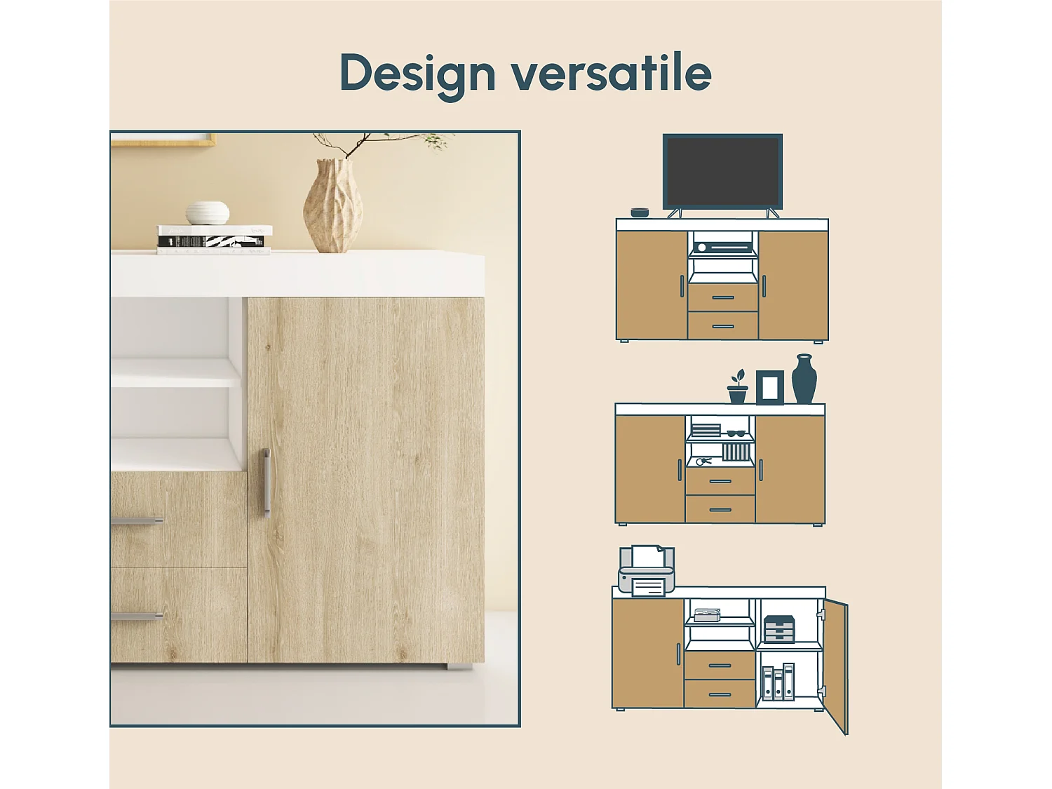 Aparador para Salón comedor en Blanco y Sonoma 140x40x80cm Roque