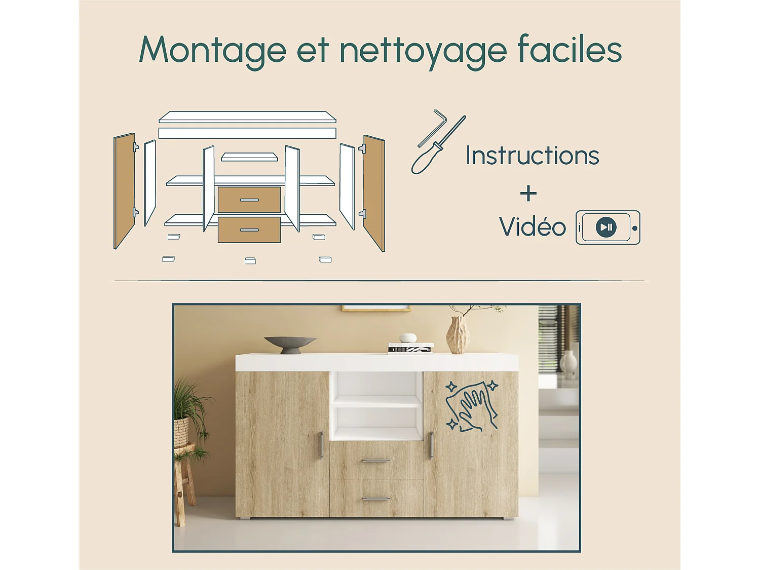 Aparador para Salón comedor en Blanco y Sonoma 140x40x80cm Roque