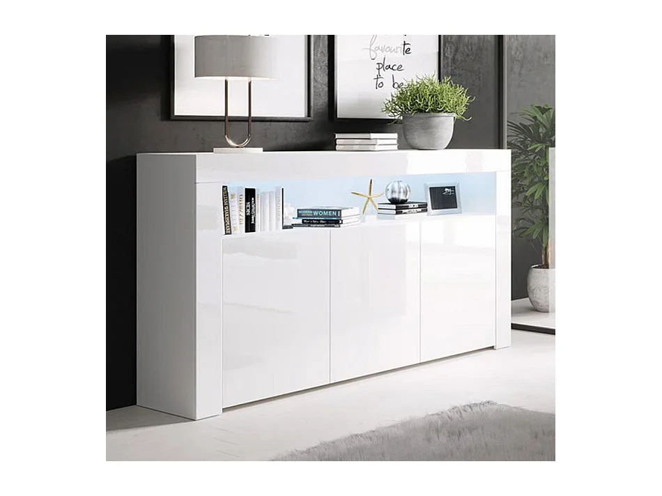 Bahut Buffet pour Salon Salle à manger en Blanc avec LED 155x37x91,5cm Aker