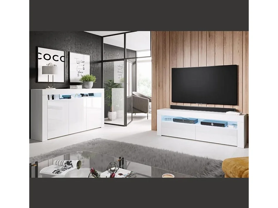 Bahut Buffet pour Salon Salle à manger en Blanc avec LED 155x37x91,5cm Aker