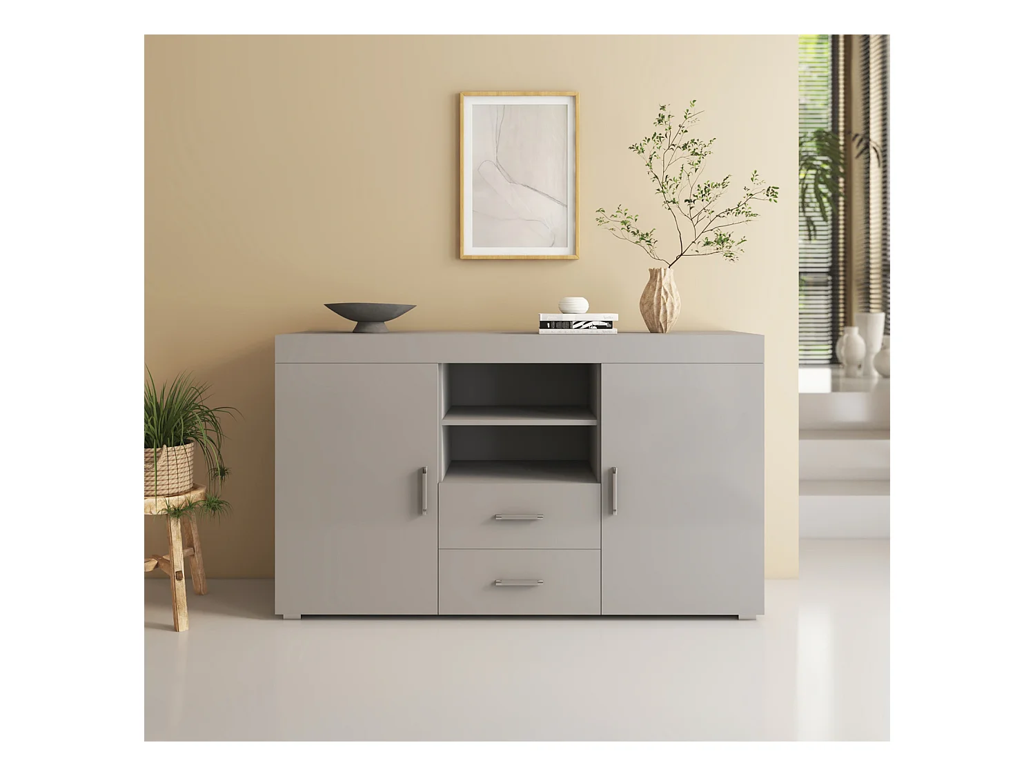 Bahut Buffet pour Salon Salle à manger en Gris 140x40x80cm Roque
