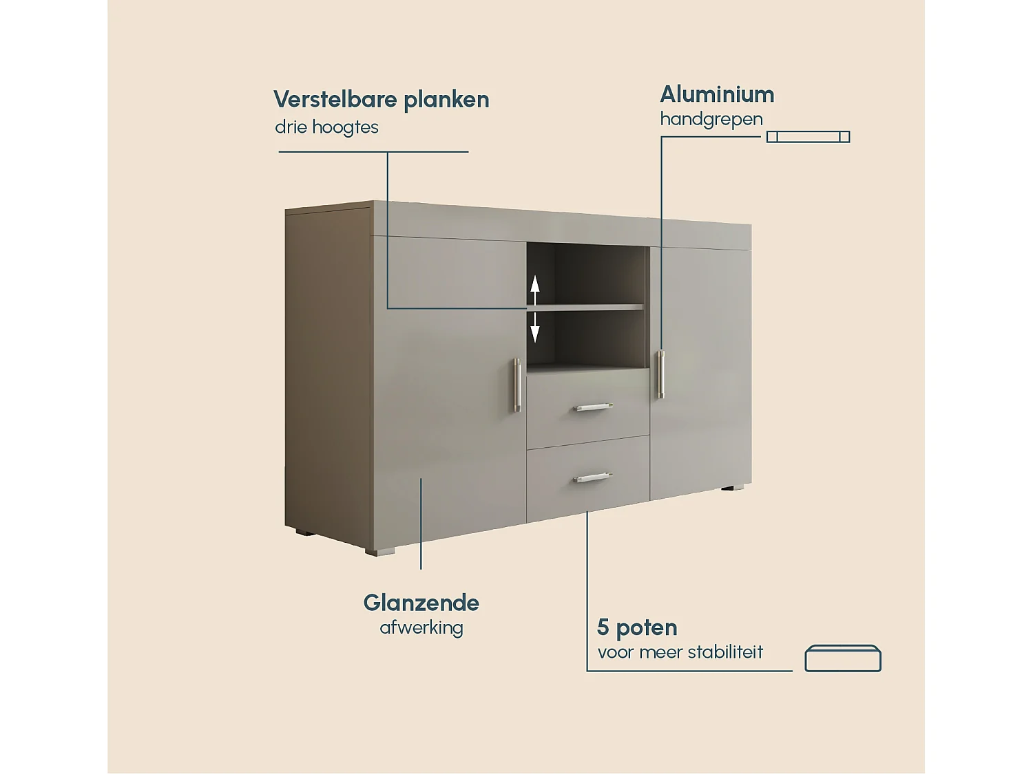 Aparador para Salón comedor en Gris 140x40x80cm Roque