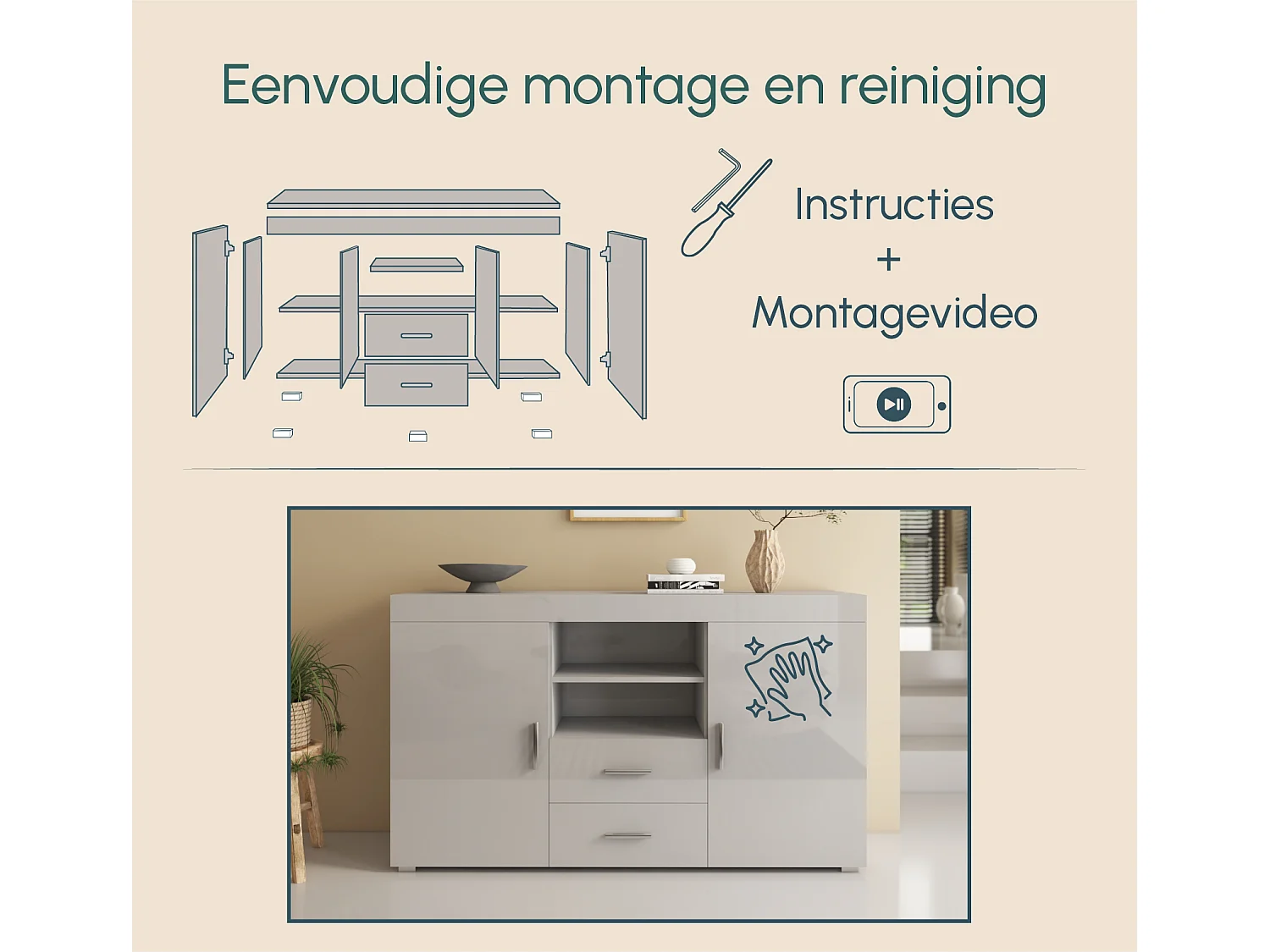 Aparador para Salón comedor en Gris 140x40x80cm Roque