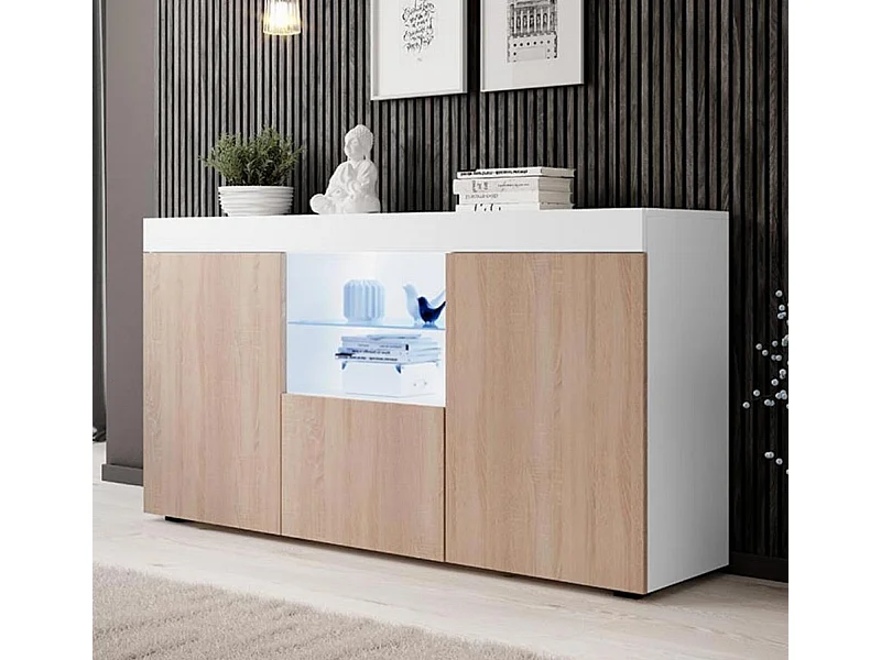 Aparador para Salón comedor en Blanco y Sonoma con LED 150x40x80cm Natolia