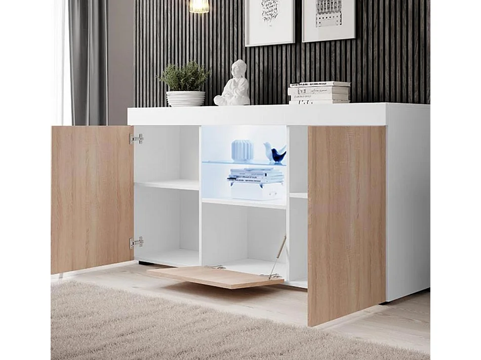 Aparador para Salón comedor en Blanco y Sonoma con LED 150x40x80cm Natolia