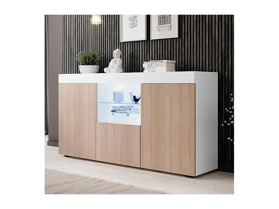 Bahut Buffet pour Salon Salle à manger en Blanc et Sonoma avec LED 150x40x80cm Natolia