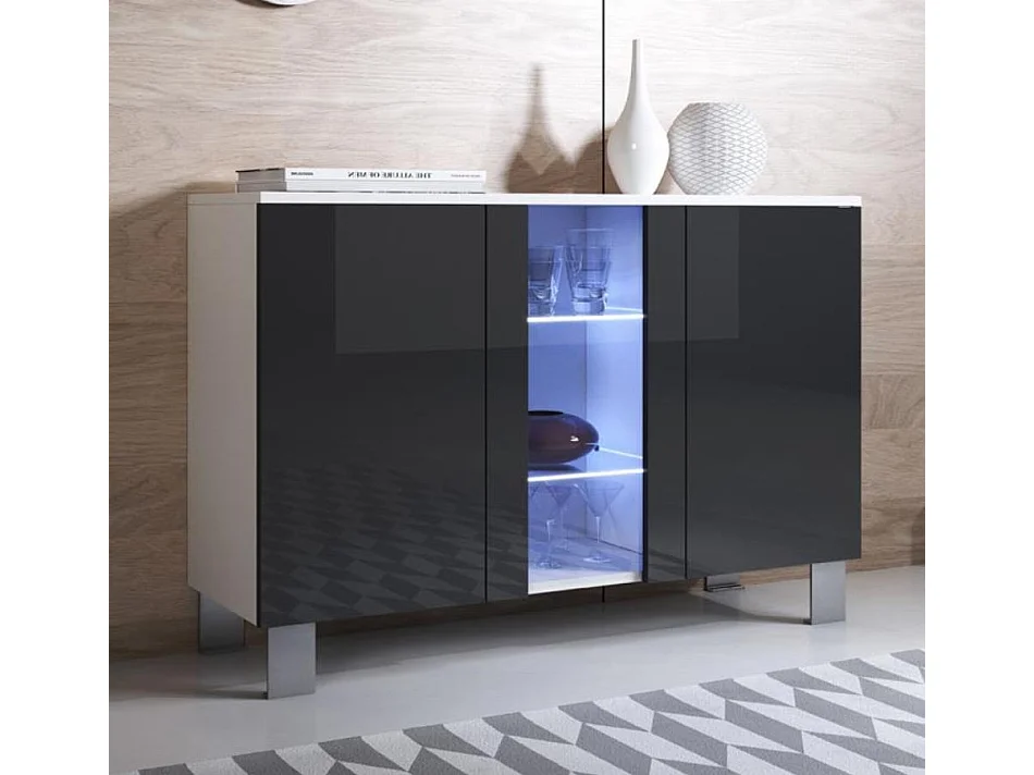 Bahut Buffet pour Salon Salle à manger en Blanc et Noir avec LED 120x40x82cm Luke A1