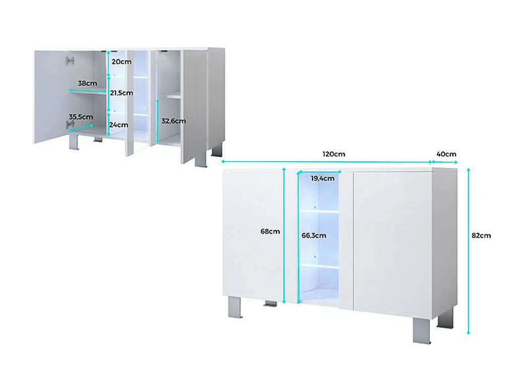 Bahut Buffet pour Salon Salle à manger en Blanc et Noir avec LED 120x40x82cm Luke A1