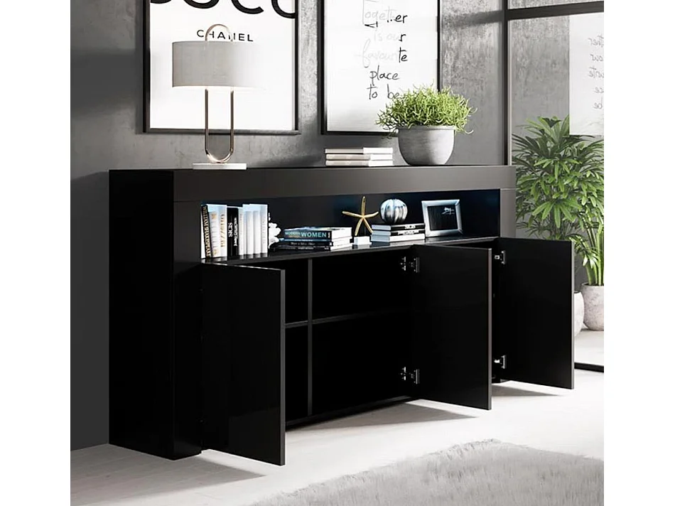 Aparador para Salón comedor en Negro con LED 155x37x91,5cm Aker