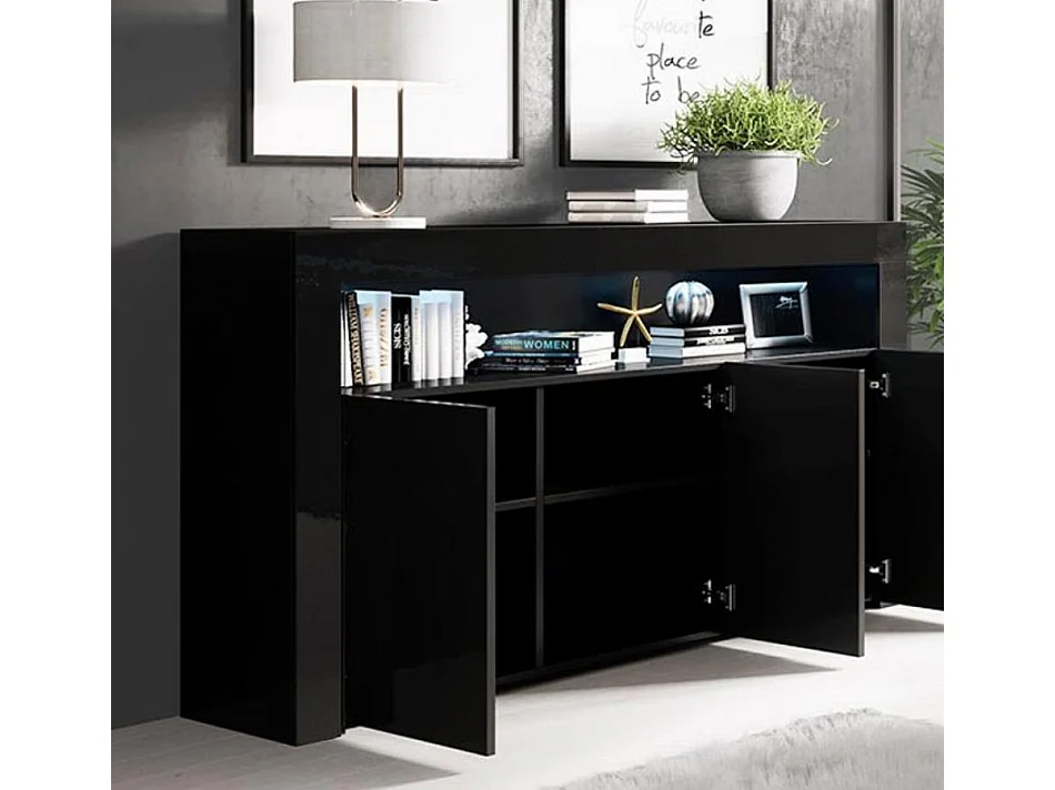 Aparador para Salón comedor en Negro con LED 155x37x91,5cm Aker