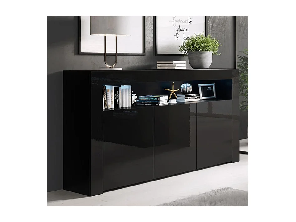Bahut Buffet pour Salon Salle à manger en Noir avec LED 155x37x91,5cm Aker