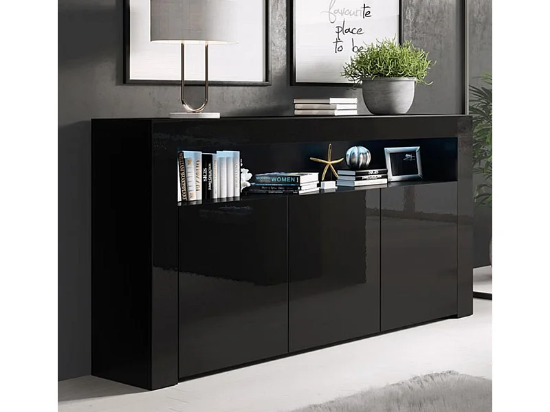 Bahut Buffet pour Salon Salle à manger en Noir avec LED 155x37x91,5cm Aker