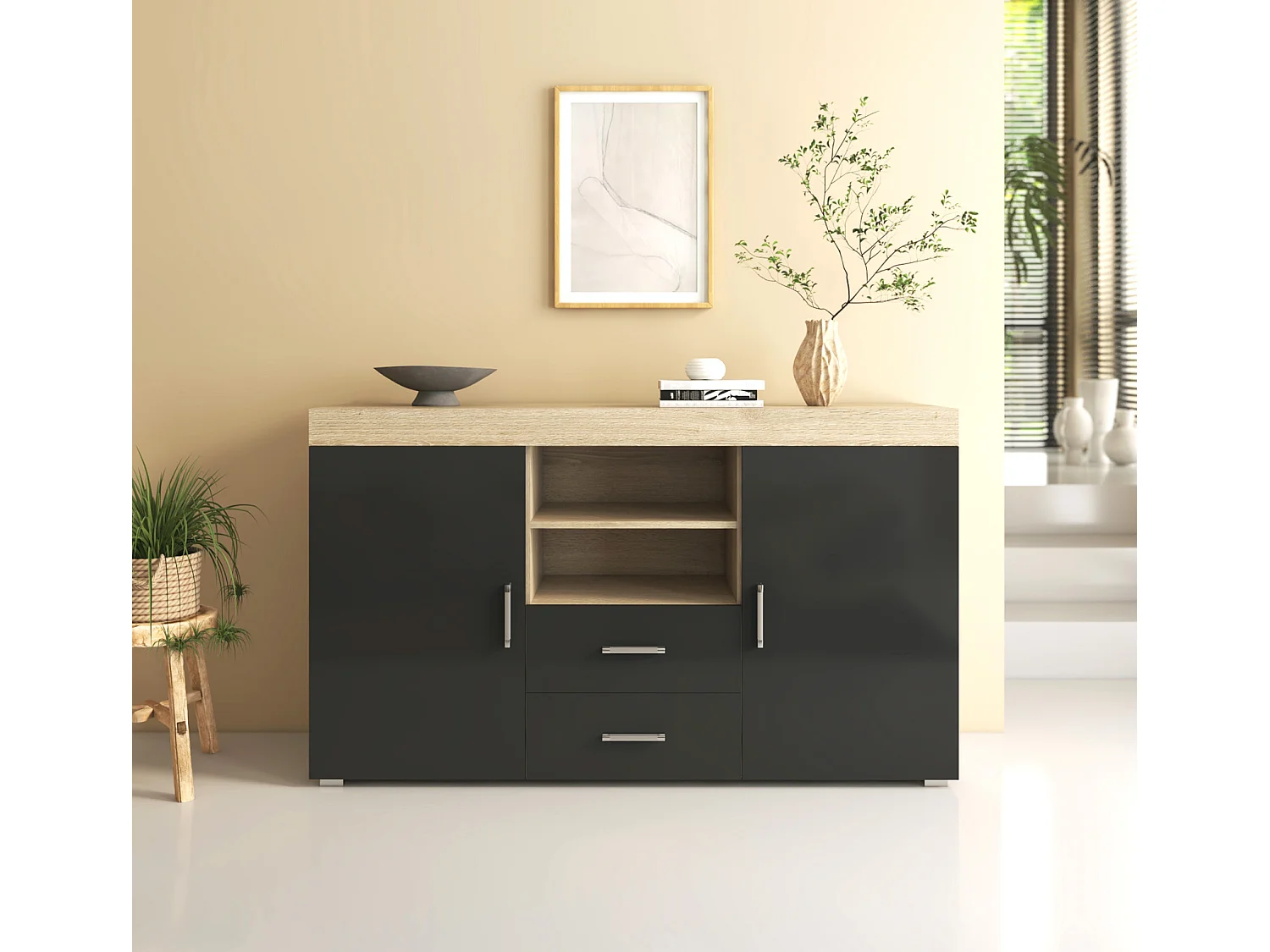 Bahut Buffet pour Salon Salle à manger en Sonoma et Noir 140x40x80cm Roque