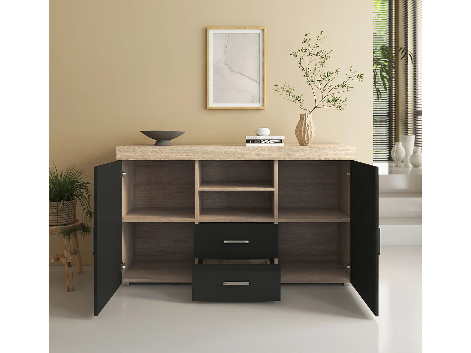 Bahut Buffet pour Salon Salle à manger en Sonoma et Noir 140x40x80cm Roque