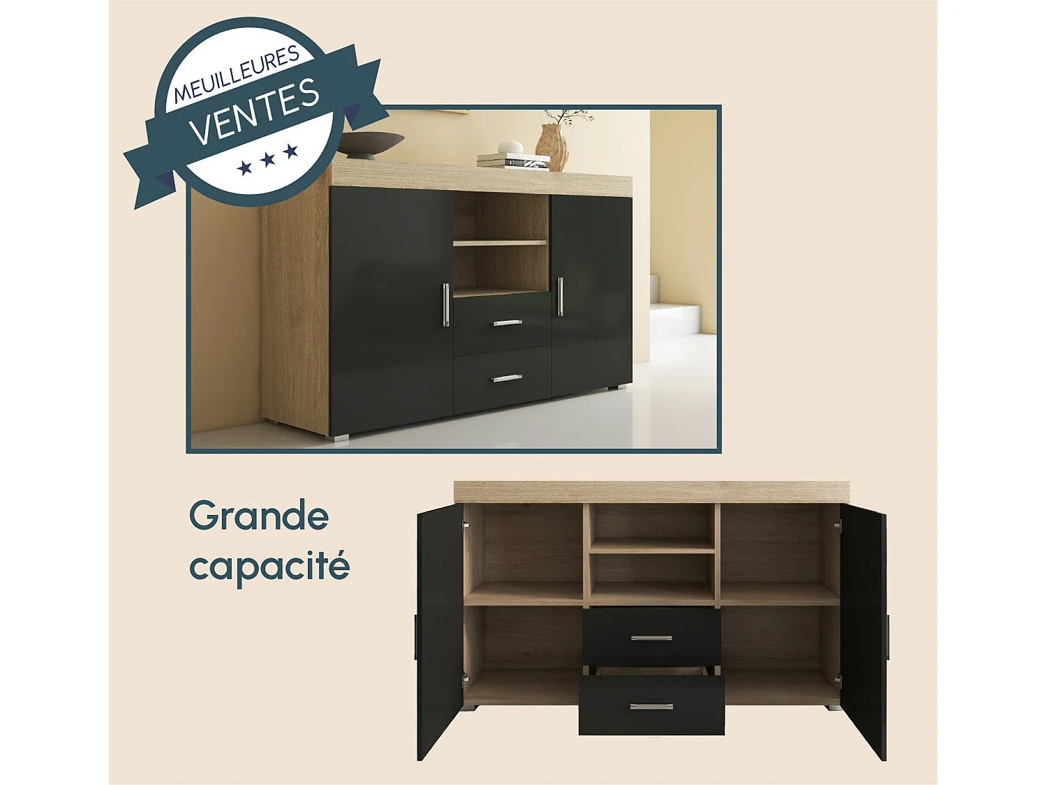 Bahut Buffet pour Salon Salle à manger en Sonoma et Noir 140x40x80cm Roque