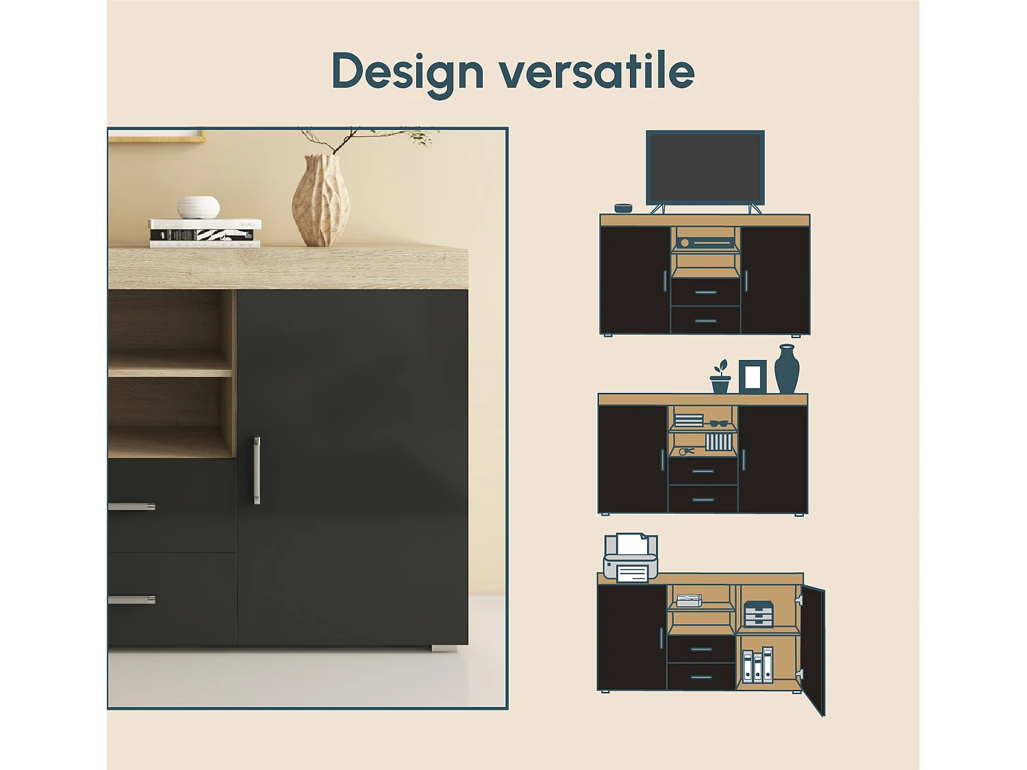 Bahut Buffet pour Salon Salle à manger en Sonoma et Noir 140x40x80cm Roque