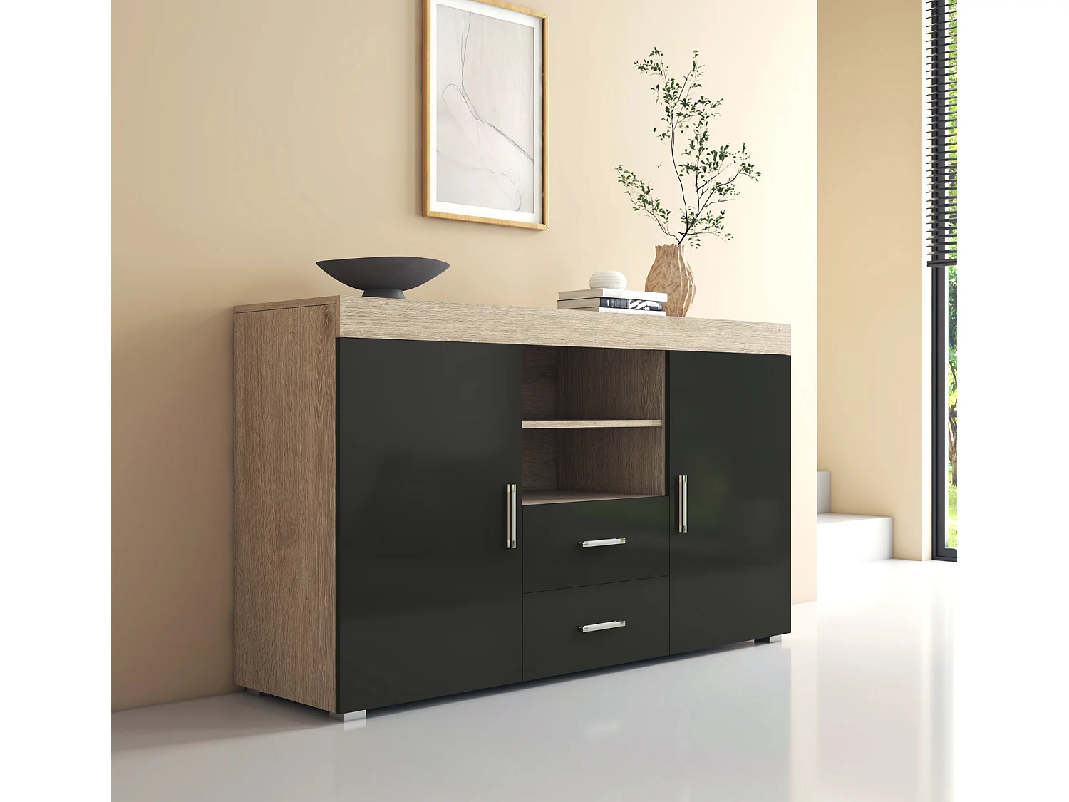 Aparador para Salón comedor en Sonoma y Negro 140x40x80cm Roque