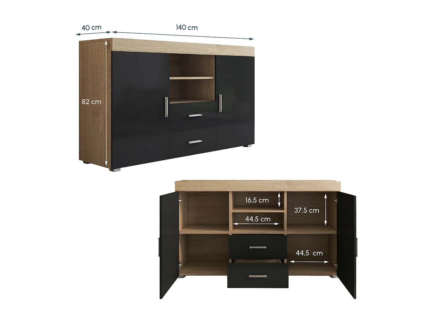 Aparador para Salón comedor en Sonoma y Negro 140x40x80cm Roque