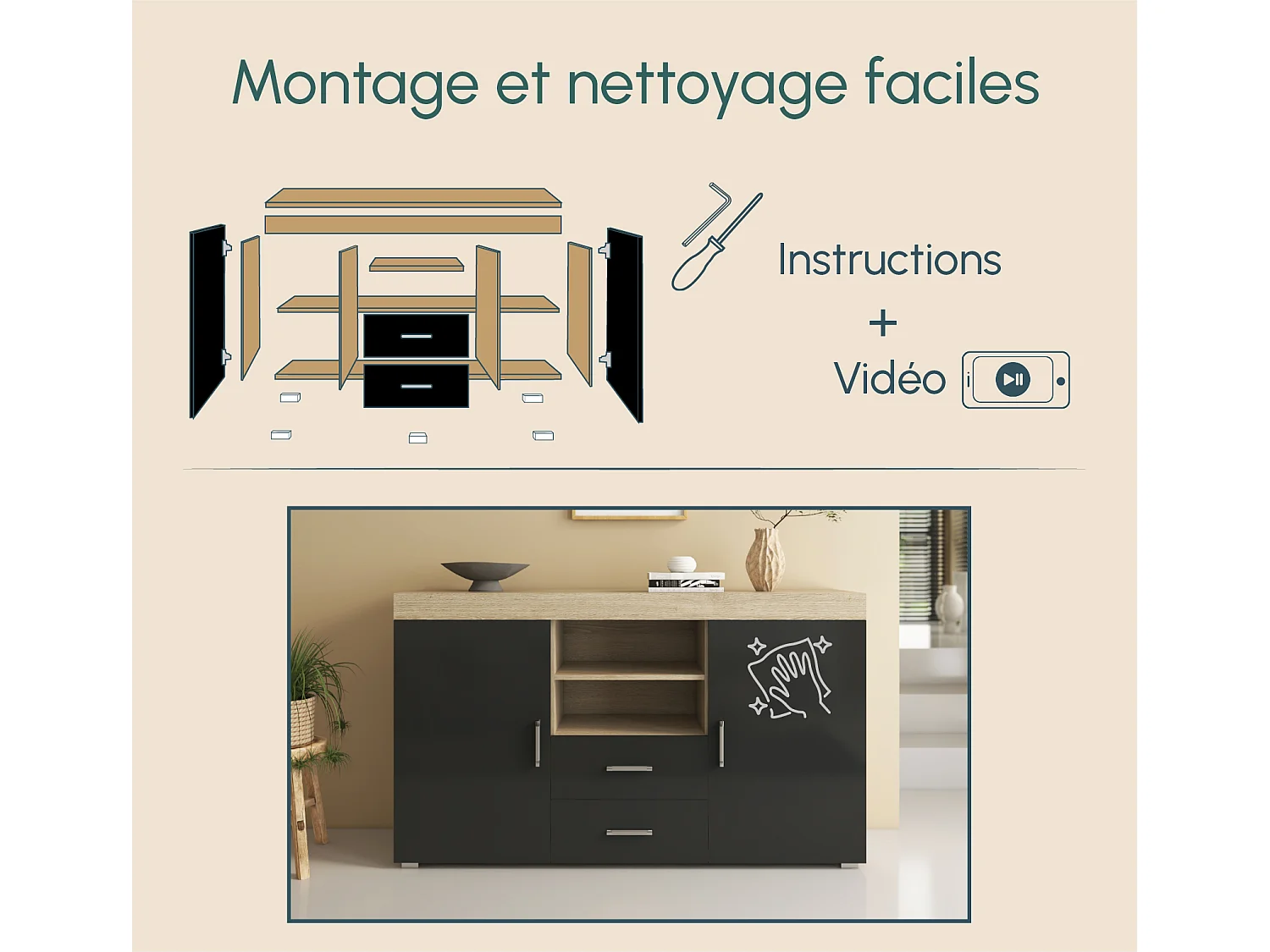 Aparador para Salón comedor en Sonoma y Negro 140x40x80cm Roque