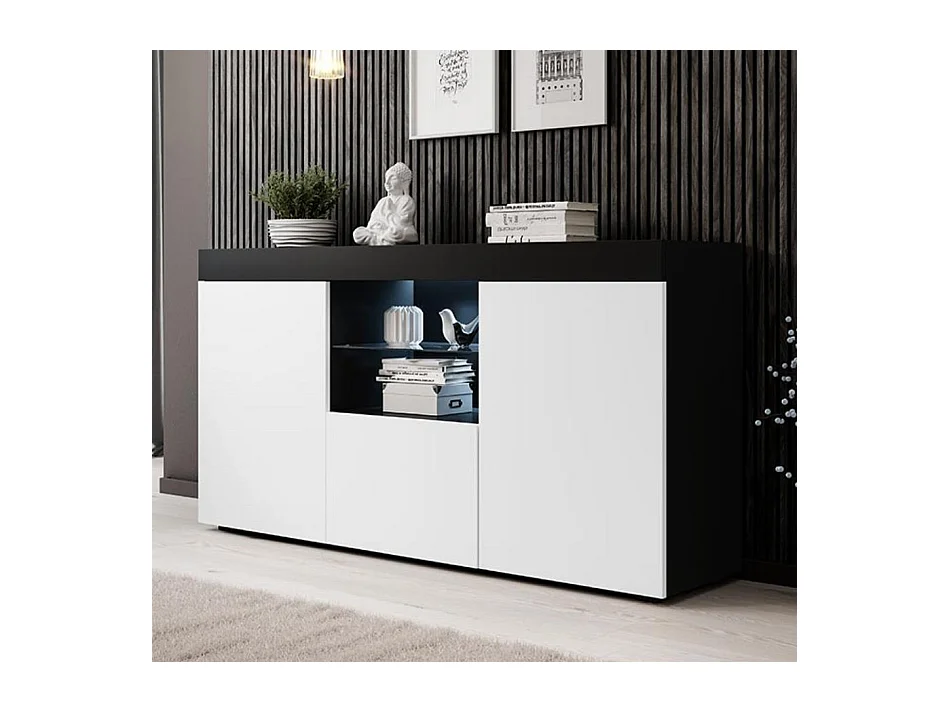 Bahut Buffet pour Salon Salle à manger en Noir et Blanc avec LED 150x40x80cm Natolia