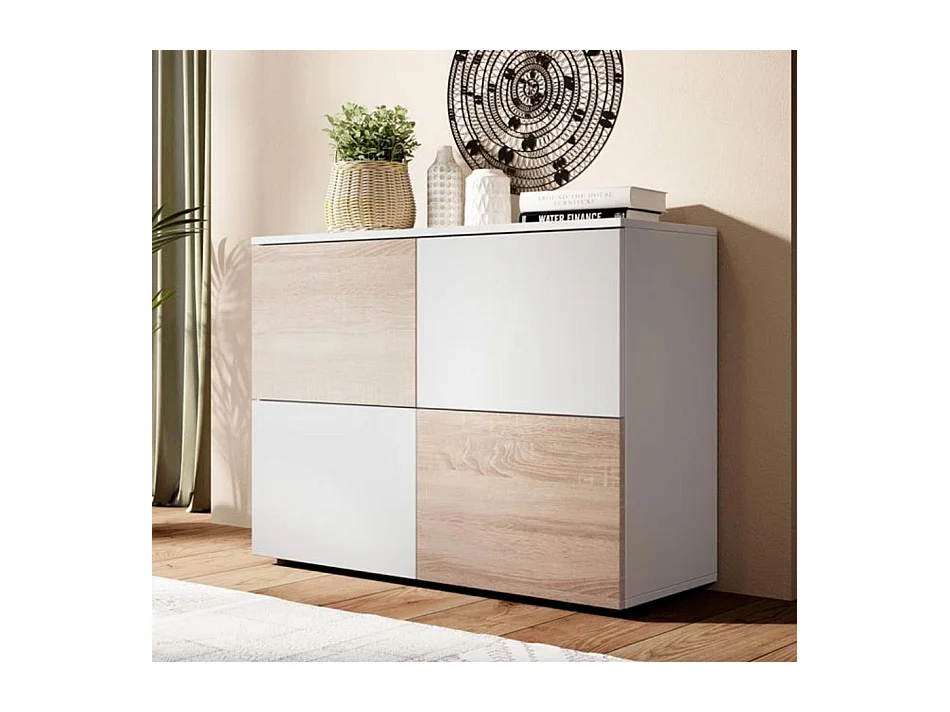 Bahut Buffet pour Salon Salle à manger en Blanc et Sonoma 90x34x68cm Zoel