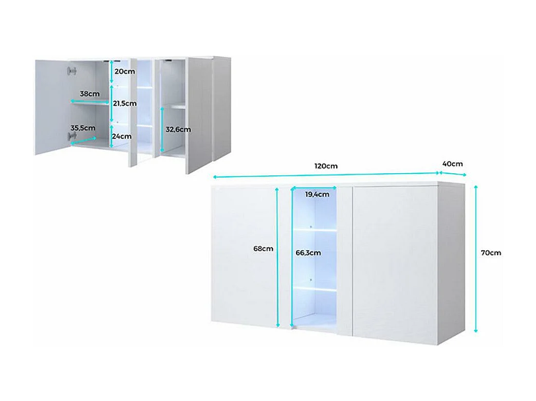 Bahut Buffet pour Salon Salle à manger en Blanc avec LED 120x40x70cm Luke A1