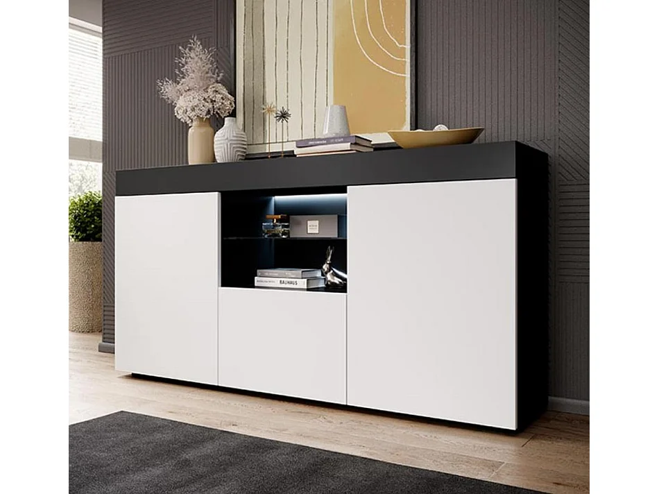 Bahut Buffet pour Salon Salle à manger en Noir et Blanc avec LED 135x34x73cm Sefora
