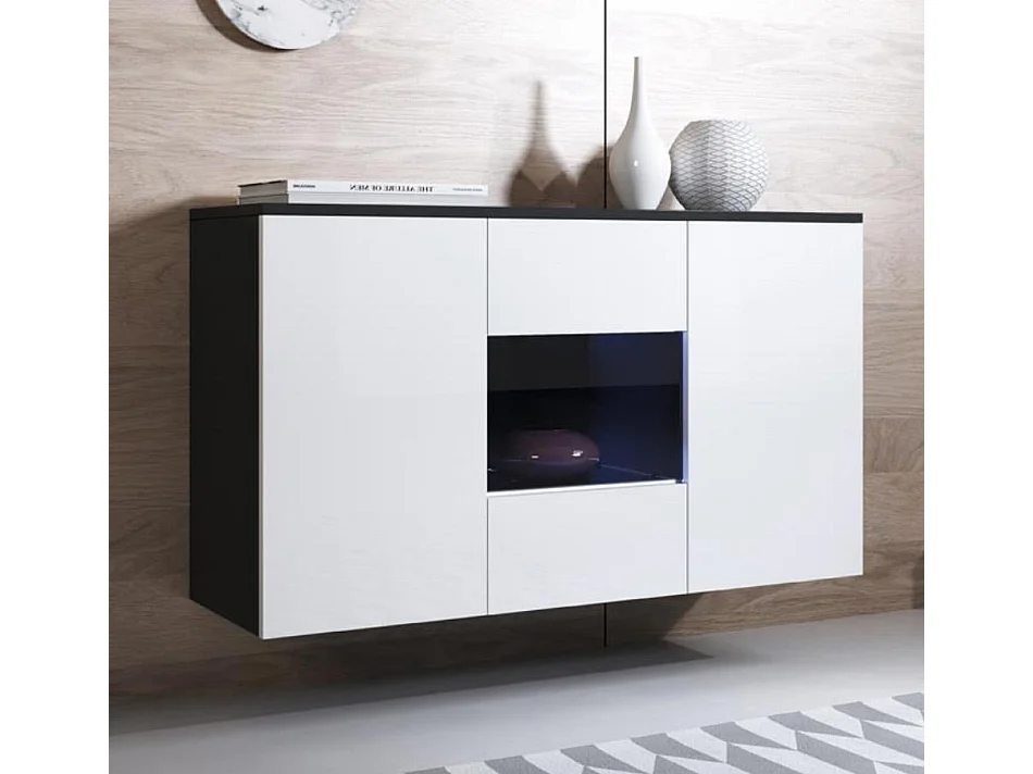 Bahut Buffet pour Salon Salle à manger en Noir et Blanc avec LED 120x40x70cm Luke A2