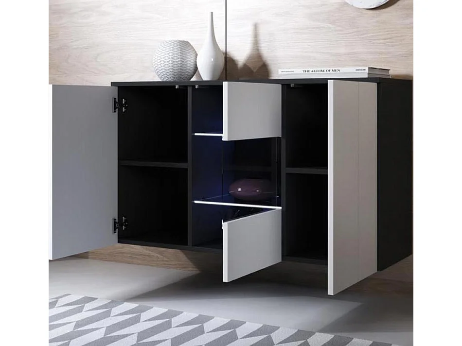 Bahut Buffet pour Salon Salle à manger en Noir et Blanc avec LED 120x40x70cm Luke A2