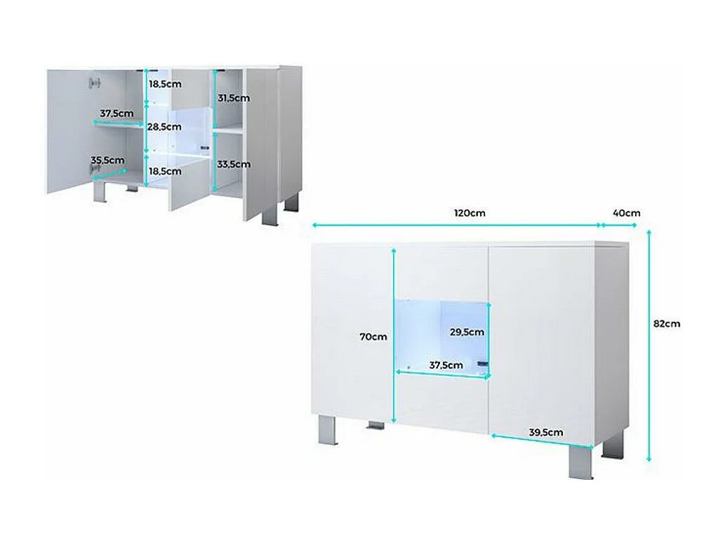 Bahut Buffet pour Salon Salle à manger en Blanc et Noir avec LED 120x40x82cm Luke A2