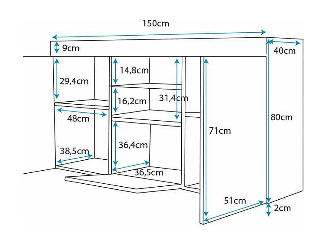 Aparador para Salón comedor en Negro con LED 150x40x80cm Natolia