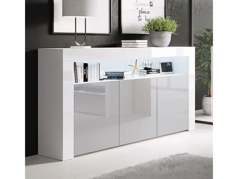 Aparador para Salón comedor en Blanco y Gris con LED 155x37x91,5cm Aker