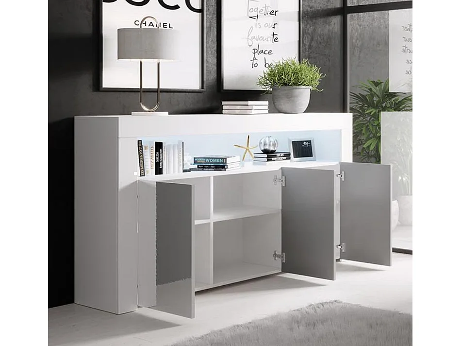 Aparador para Salón comedor en Blanco y Gris con LED 155x37x91,5cm Aker