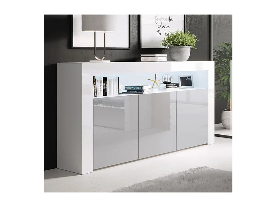 Bahut Buffet pour Salon Salle à manger en Blanc et Gris avec LED 155x37x91,5cm Aker