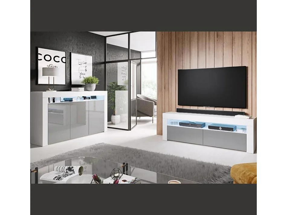 Bahut Buffet pour Salon Salle à manger en Blanc et Gris avec LED 155x37x91,5cm Aker