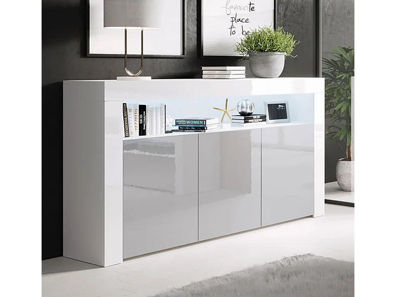 Bahut Buffet pour Salon Salle à manger en Blanc et Gris avec LED 155x37x91,5cm Aker