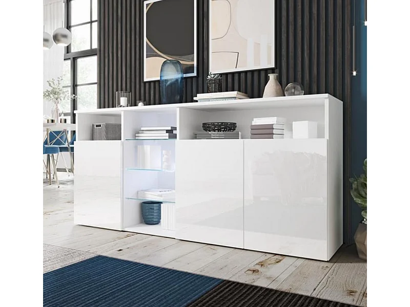 Bahut Buffet pour Salon Salle à manger en Blanc avec LED 150x35x70cm Clark