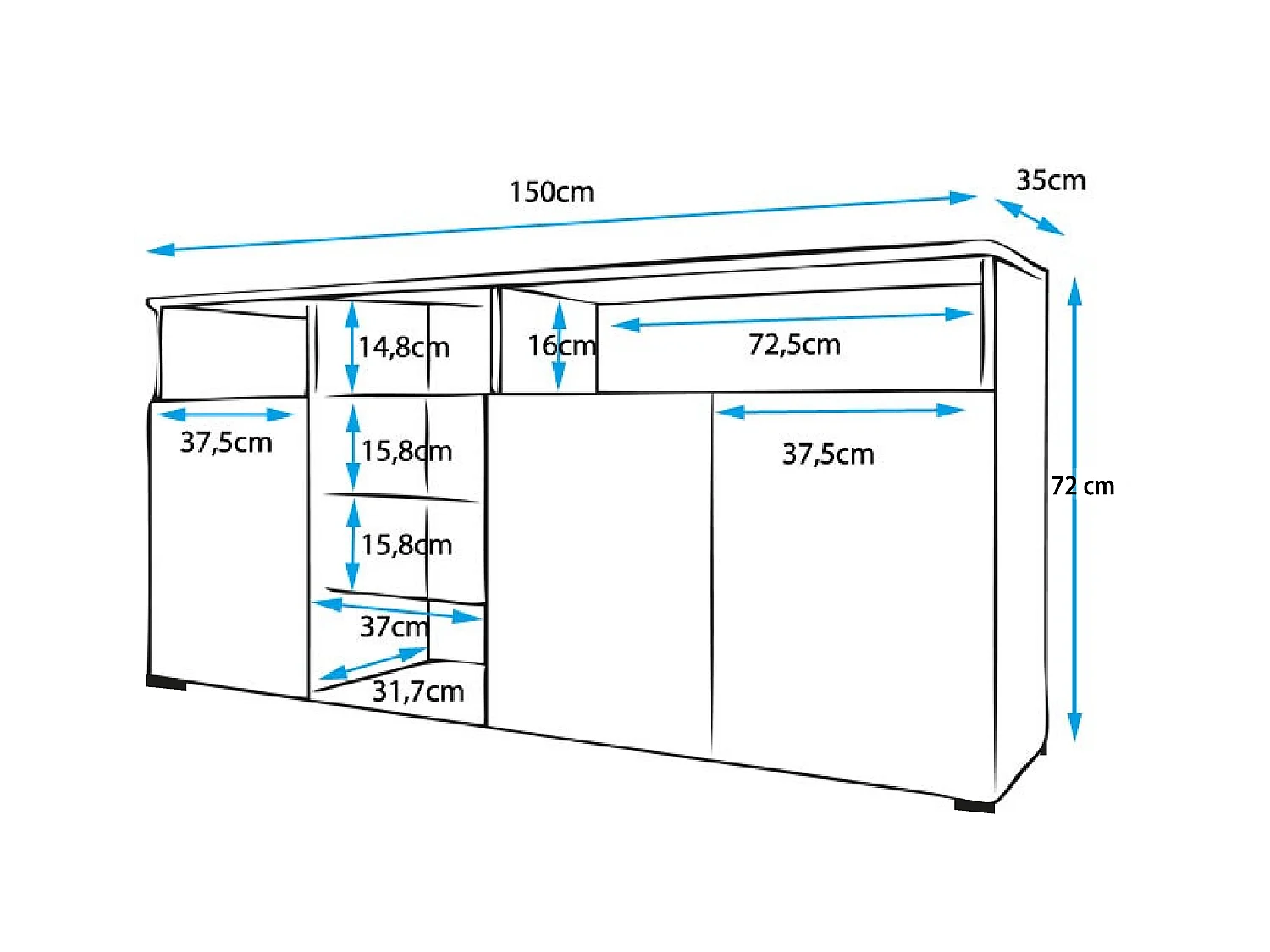 Aparador para Salón comedor en Blanco con LED 150x35x70cm Clark