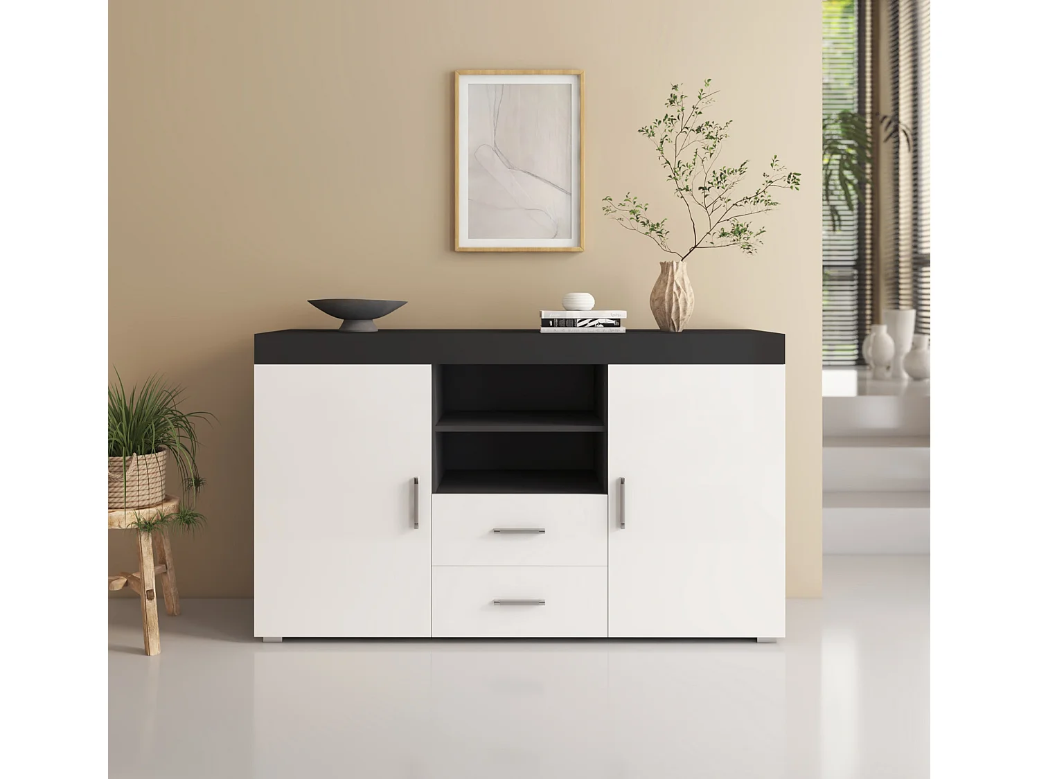 Aparador para Salón comedor en Negro y Blanco 140x40x80cm Roque