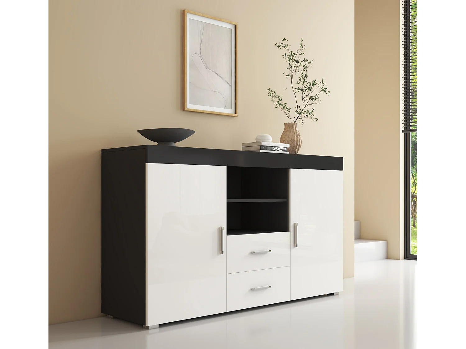 Aparador para Salón comedor en Negro y Blanco 140x40x80cm Roque