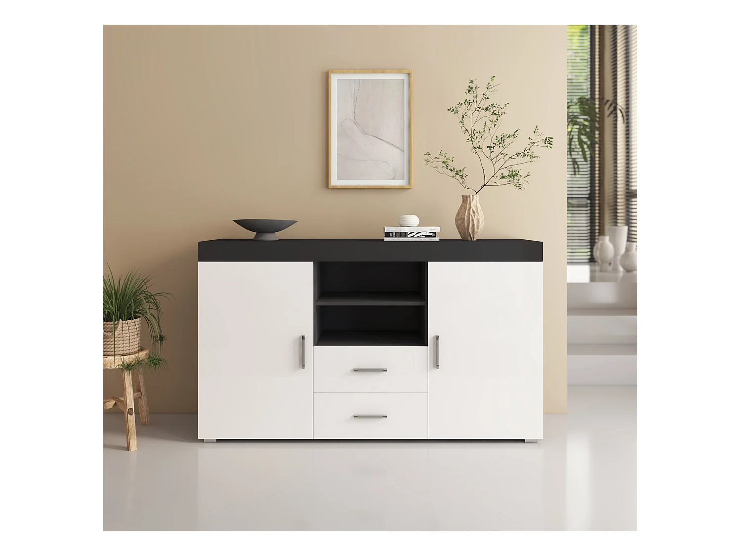 Bahut Buffet pour Salon Salle à manger en Noir et Blanc 140x40x80cm Roque