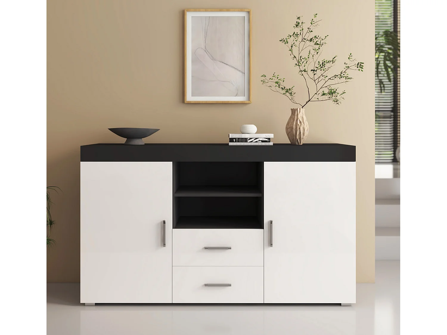Bahut Buffet pour Salon Salle à manger en Noir et Blanc 140x40x80cm Roque