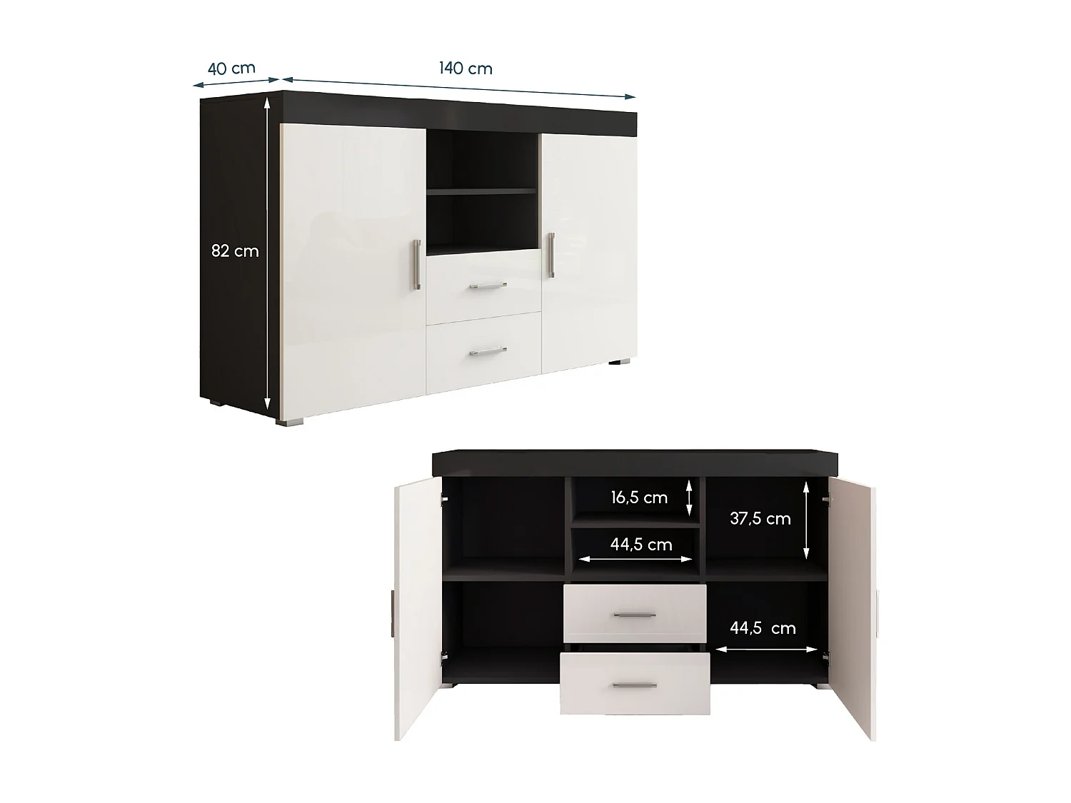 Bahut Buffet pour Salon Salle à manger en Noir et Blanc 140x40x80cm Roque