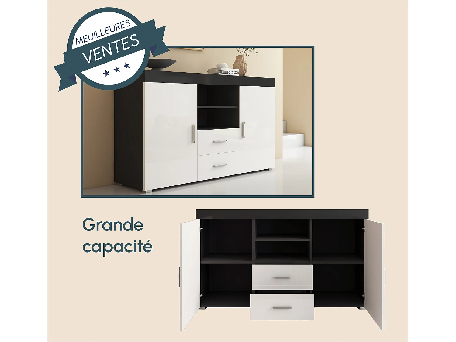 Bahut Buffet pour Salon Salle à manger en Noir et Blanc 140x40x80cm Roque