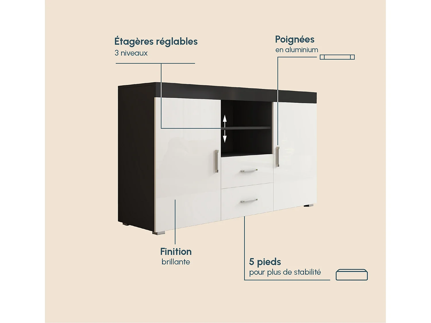 Bahut Buffet pour Salon Salle à manger en Noir et Blanc 140x40x80cm Roque