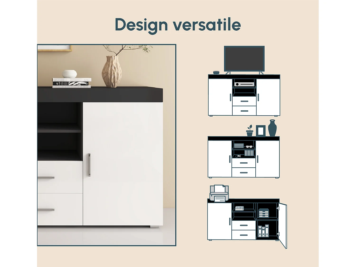 Bahut Buffet pour Salon Salle à manger en Noir et Blanc 140x40x80cm Roque