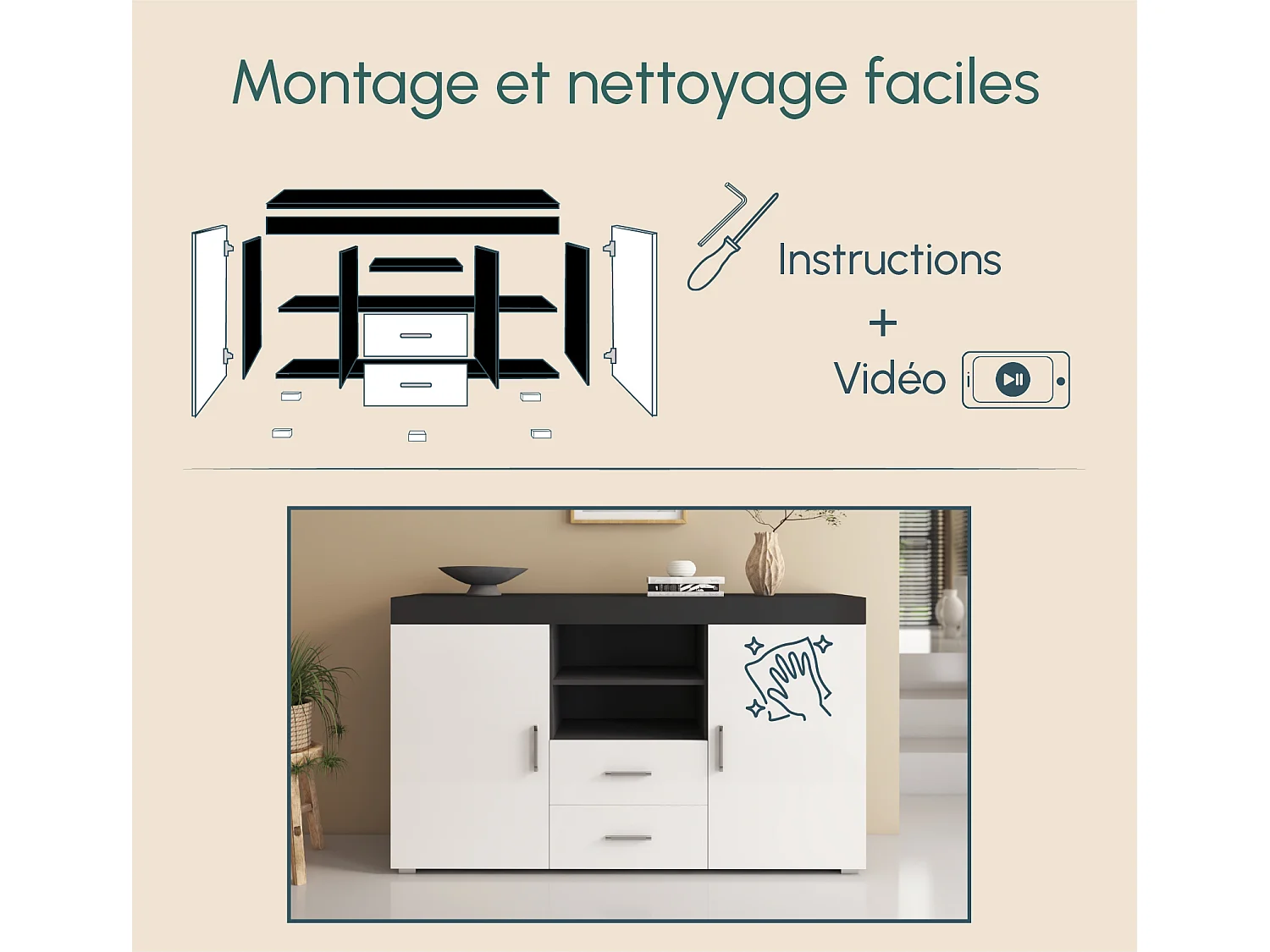 Bahut Buffet pour Salon Salle à manger en Noir et Blanc 140x40x80cm Roque