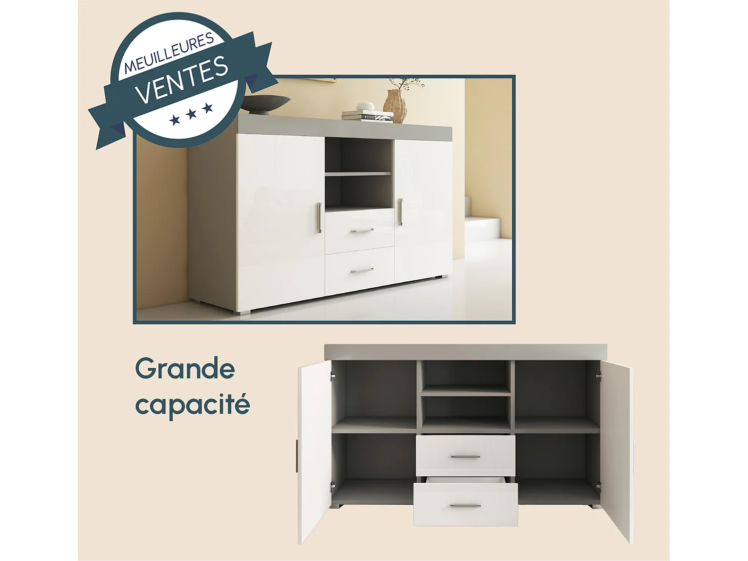 Aparador para Salón comedor en Gris y blanco 140x40x80cm Roque