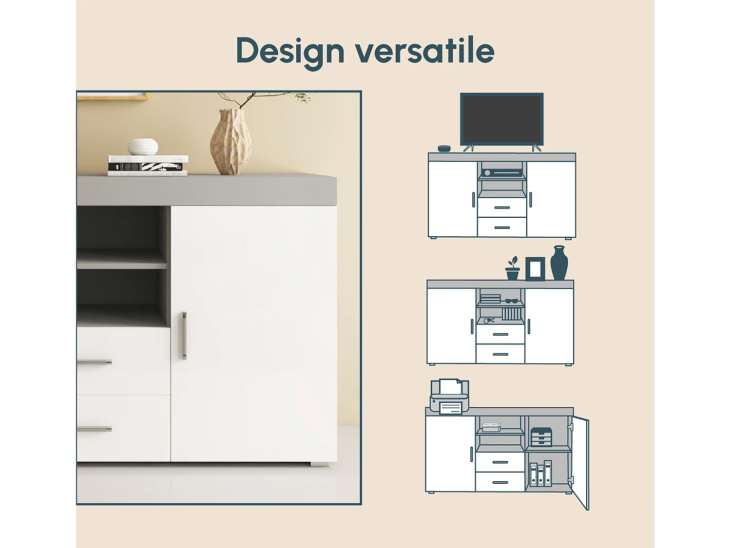 Aparador para Salón comedor en Gris y blanco 140x40x80cm Roque